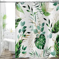 Hnmdmyi dušas aizkars, zaļas lapas, tropu eikalipta lapu augs, botāniski dušas aizkari, abstrakts Boho akvareļu vannas aizkars, ūdensizturīgs, poliestera audums, mazgājams vannas aizkars, 180 x 200