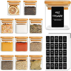 ComSaf Pack of 12 Spice Jars with Airtight Bamboo Lid, 8oz Square Empty Spice Bottles with 275 Black Labels, Spice Containers for Spice Salt, Sugar, Coffee Beans