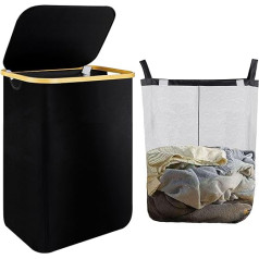 Greentainer Laundry Basket with Lid, 70 L, Laundry Basket with Laundry Bag, Made of Oxford and Bamboo, Large Laundry Box with Handle, Black, Extendable & Removable, Laundry Baskets, Laundry Basket,