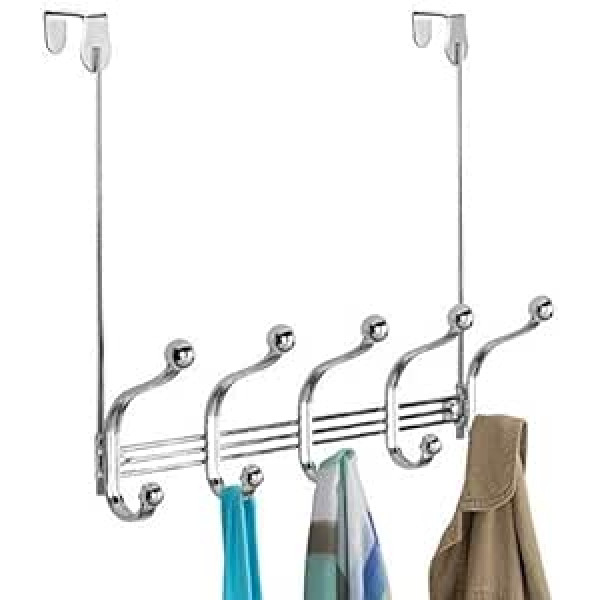 mDesign Over the Door Coat Rack with 5 Double Hooks - Coat Hooks for Door or Wall - Hook Rack for Coats, Jackets, Robe, Towels - Chrome