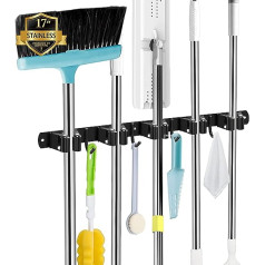 AceMining Broom Holder Wall, 5 Holders + 4 Hooks Black Heavy Duty Device Holder Self-Adhesive, Broom Holder with Nails Installing, Garden Tool Holder Made of Stainless Steel, Wall Mount Broom