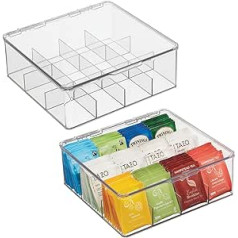 mDesign virtuves organizators - praktiska tējas kaste ar vāku virtuvei un pieliekamajam - uzglabāšanas kaste ar 12 nodalījumiem tējai, kafijai, garšvielām un citiem ēdieniem - 2 komplekts - caurspīdīgs