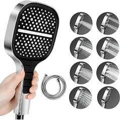 Shower Heads with Hose Set 1.5 m, Square Hand Shower, 8 Spray Models, Universal Shower Heads, Water-Saving, One-Handed Adjustable, Bathing, Not for Electric Shower