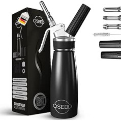 OSEDO® krējuma dozators 500 ml — iekļautas 3 nerūsējošā tērauda sprauslas + 2 kapsulu turētāji + tīrīšanas birste + recepšu e-grāmata — augstas kvalitātes alumīnija krējuma sifons krējumam, espumam, aukstām un karstām mērcēm,