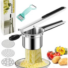 Potato Ricer, Stainless Steel Potato Press, Spaghetti Ice Cream Press with 3 Interchangeable Strainers for Mashed Potatoes, Juicing, Lemon Squeezing, Dishwasher Safe Gift for Men, Women, Mum, Dad