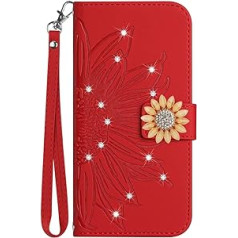 Vqwq Mobile Phone Case for Oppo Reno 10 5G - with Lanyard Glitter Sunflower Protective Case for Oppo Reno 10 5G Leather Case Card Slot Flip Case Magnet [HT04]-Red-T