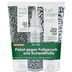 Tea Tree Oil Australian Bodycare Tējas koka eļļas pēdu kopšanas komplekts no Australian Bodycare — ķermeņa mazgāšana, krēms, aerosols — sportistiem, skrējējiem — pretsēnīšu līdzeklis, mitrinošs, dezodorējošs