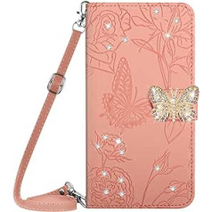 Vqwq mobilā tālruņa futrālis Xiaomi Redmi Note 11-1.5M Lanyard Glitter Butterfly aizsargmaciņš Xiaomi Redmi Note 12S 4G / Redmi Note 11 ādas futrālim kartes slots Flip Flip Case Magnet [HT03] Pink 2