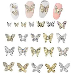 Otkarxus Butterfly nagu kuloni, 22 gabali jaukts 3D metāla tauriņš naglu kalnu strēles kulons spīdīgi nagu akmeņi rotaslietas kniedes nagu mākslas dizaina dekorācijām DIY Craft Gold Silver