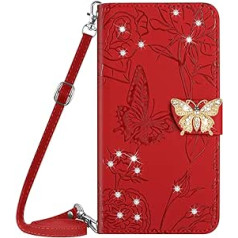 Vqwq mobilā tālruņa vāciņš priekš Honor 80 SE — 1,5 M Lanyard Glitter Butterfly aizsargvāciņš priekš Honor 80 SE ādas futrāļa kartes slota apgriežamā korpusa magnēts [HT03]-Red 1