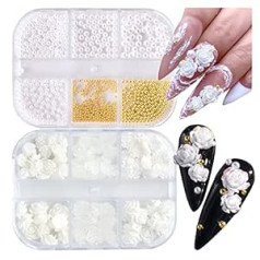 Uaruogp 3D Nail Art Supplies Jewellery Beads Mixed Camellia Nail Art Set Nail Glitter 5D Rose Round Pearl Rhinestone Caviar Beads Nails Charms Tips Accessories for Women Acrylic Nail Art Decorations