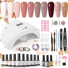 Rstyle UV Nail Polish Set Starter Set with Lamp 48 W UV/LED, 15 Pieces Nail Set Starter Set Gel Nails Nail Lamp UV Gel Nail Set with Top & Base Coat Soak Off Nail Art Manicure Red Lamp with Base