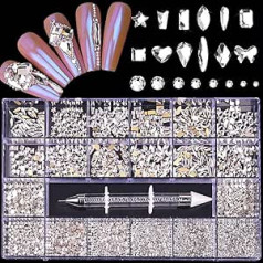 Cacacook Rhinestones komplekts, Glitter Stones, 21 Grids AB nagu mākslas rhinestones, profesionāls nagu kristāla komplekts, 9000 gabali, vairākas formas, stikls, kristāls, AB rhinestones, nagu mākslas aksesuāri