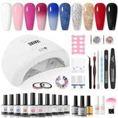 Rstyle UV nagu lakas komplekts ar lampu 72 W UV/LED, 10 krāsu komplekts Starter Set with lamp Gel Nails Starter Set UV gēla nagu lakas sākuma komplekts gēla lakas nagi nagu studijas komplekts dāvanu komplekts rozā sarkans pelēks