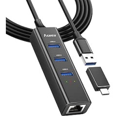 Aceele USB 3.0 / USB C Ethernet Adapter Black, Thunderbolt 3 to Gigabit 4 USB 3.0 Adapter Compatible with MacBook Air/Pro, iPad Pro/Air, Surface Pro 8, Galaxy S22/S21 and USB-A Computer (120 cm)