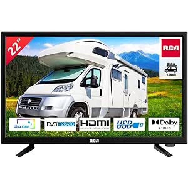 RCA RB22H2CU TV 22 collu (TV 56 cm) dzīvojamajām mājām un treileriem 12 V automašīnu adapteris Dolby Audio trīskāršais uztvērējs DVB-C/T2/S2 VGA HDMI USB digitālā audio izeja iesk. Viesnīcas režīms 230V/12V