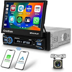 Hikity 1 DIN automašīnas radio Bluetooth ar bezvadu Apple CarPlay Android automašīnas spoguļa saiti, 7 collu motorizēts ekrāns, skārienekrāna automašīnas radio ar EQ USB AUX FM radio atpakaļgaitas kameru