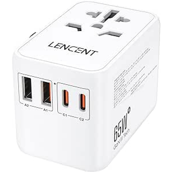 LENCENT universālais ceļojumu adapteris, GaN3 65 W starptautiskais adapteris ar 2 QC4.0 USB-A+2 PD3.0 Type-C PPS ātrās uzlādes, pasaules ceļojumu spraudņa adapteris ASV/AK/ES/AUS ligzdām, balts