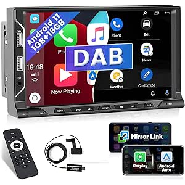 Hikity auto radio DAB+ Double DIN Android 11 ar navigācijas 7 collu skārienekrānu Apple Carplay Android automašīnas audio radio ar Bluetooth brīvroku sistēmu Spoguļa saites WiFi atbalsts atpakaļgaitas kameras AUX