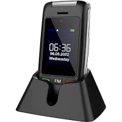 artfone C10 Black, ar uzlādes staciju, Simlock-Free vecākais mobilais tālrunis, salokāms mobilais tālrunis bez līguma, GSM lielās pogas, mobilais tālrunis, SOS ārkārtas zvana funkcija, kabatas lukturītis, 2,4 collu dubultā ierīce