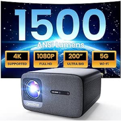 OmniStar L80 projektors, 1500 ANSI lūmenu WiFi Bluetooth projektors, atbalstīts 4K, 1080P FHD video projektors ar automātisko fokusu un trapeces korekciju, divi 15 W skaļruņi, savietojams ar viedtālruni/televizoru