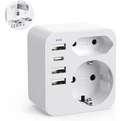 Adapteris Anglija Vācija Spraudnis ar 3 USB, 1 USB C ar 2 maiņstrāvas ligzdām, Travel Plug Socket Adapter Barošanas adapteris Anglijai Īrija Lielbritānija Dubaija, Apvienotā Karaliste Adaptera ligzda, G tips