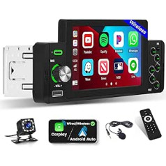 Bezvadu automašīnas radio 1 DIN bezvadu Apple Carplay Android automašīnas radio ar Bluetooth brīvroku komplektu 5 collu skārienekrāna radio ar ekrāna FM/EQ USB/C tipa mikrofonu + atpakaļgaitas kameru