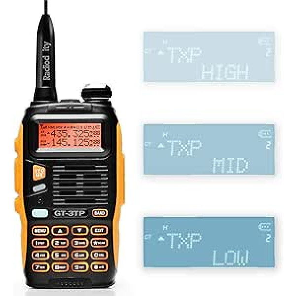 Baofeng GT-3TP Mark III Dual Band Handheld Radio UHF/VHF 144-146/430-440MHz Radio Tri-Power 8W/4W/1W Walkie Talkie ar 1800mAh akumulatoru, Lunge antenu, Automašīnas lādētāju pieaugušajiem