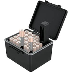 JJC AAA AA Battery Organiser Storage Case with Battery Tester, Water Resistant Hard Shell Battery Organiser with Removable Battery Tester, Holds 20 AA Batteries and 14 AAA Batteries