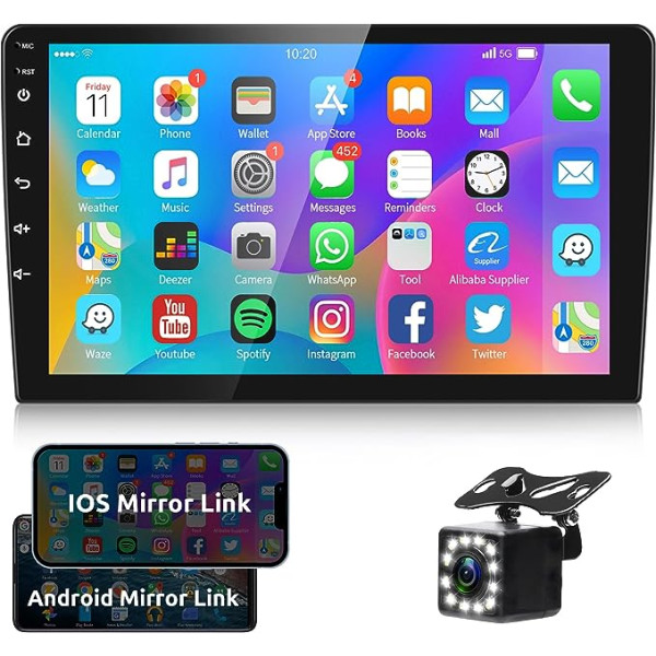 Android Car Radio 2 DIN ar GPS navigāciju WiFi Bluetooth brīvroku komplekts 10 collu automašīnas radio Double DIN ar iOS/Android Mirror Link Bluetooth FM/RDS USB/ASP/AUX/TF/EQ Stūres vadība +