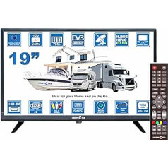 Unispectra ® 19 collu HD LED televizors Mazs 230 V (voltu) 12 V televizors DVBT2 un SAT uztvērējs, USB multivides atskaņotājs, HDMI. 12 V TV dzīvojamajām mājām, treileriem, treileriem, kempingiem, kemperiem, kravas automašīnām, laivām, virtu