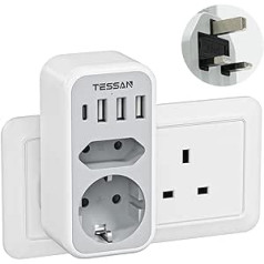 TESSAN UK Adapter Anglija Vācija Plug Travel Adapter Anglijai ar 3 USB un 1 USB C, Travel Plug Type G Power Adapter UK Socket Adapter England, UK Adapter to EU Adapter UK Euro Plug