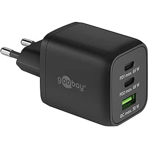 Goobay 64753 Nano USB C lādētāja barošanas avots 65 W barošanas piegāde PD ātrais lādētājs / iPhone 14 USB spraudnis 3A / USB-C un USB-A 3 portu mini ligzdas adapteris / īpaši mazs / melns