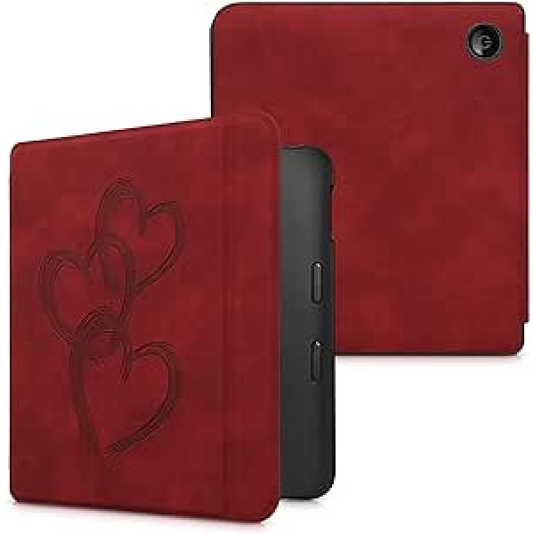 kwmobile Case Compatible with Kobo Libra 2 Case - Faux Leather Cover - Brush Hearts Dark Red