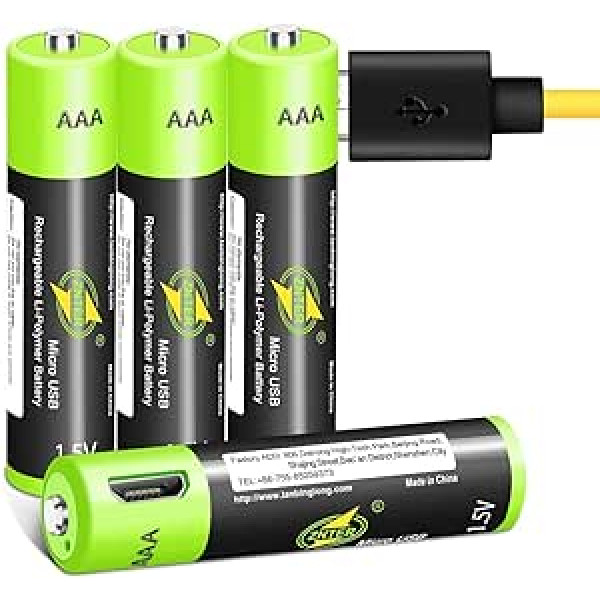 AAA akumulators [iepakojumā pa 4], uzlādējamas Micro USB trīskāršās A litija baterijas 1,5 V/400 mAh, 1 h ātrās uzlādes atkārtoti uzlādējamas baterijas, nav NI-MH/NI-CD/sārma baterijas, videi draudzīgas/3000 cikli