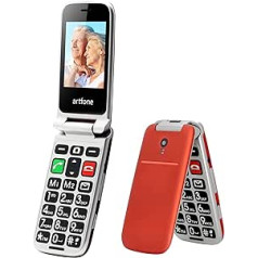 artfone CF241 vecākais mobilais tālrunis, saliekams mobilais tālrunis bez līguma, mobilais tālrunis ar lielām GSM pogām gados vecākiem cilvēkiem, divas SIM kartes un 2,4 collu krāsu displejs ar galda uzlādes staciju (sarkans)