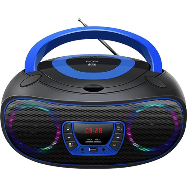 Denveras TCL212BT radio ar Bluetooth, Bluetooth radio ar gaismas efektiem, portatīvais CD atskaņotājs, AUX, USB, zils