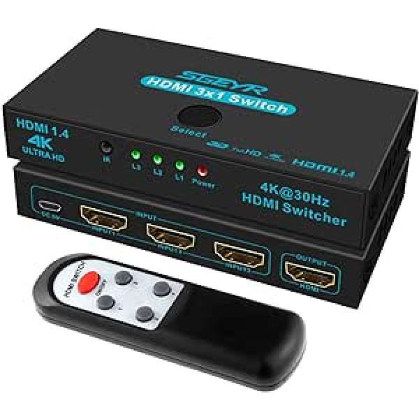 SGEYR HDMI vairāki spraudņi, automātisks HDMI slēdzis, HDMI slēdzis, HDMI slēdzis, HDMI slēdzis 3 vienā izvadē, HDMI sadalītājs, HDMI 1.4 pārslēdzējs 4K30Hz, PS4 Pro, PS3, Xbox, HD, TV, Windows 7/8/9/10