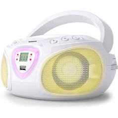 Auna Roadie CD-Player - Portable Stereo CD radio Boombox, LED Lighting, USB, MP3, FM Radio Tuner, Bluetooth, 2 x 1.5 Watts RMS, Mains and Battery, White