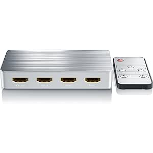 CSL — HDMI slēdzis 4K Ultra HD — 3 ports ar tālvadības pulti 5,5 mm x 2,1 mm stobra spraudņa barošanas avots 5 V 2A — 4096 x 2160 3840 x 2160 UHD 4k 2160p pie 60 Hz — 3D gatavs — HDCP 2.8bit