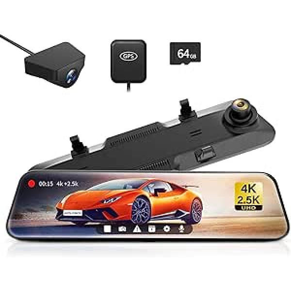 WOLFBOX Dash Cam 4K+2.5K atpakaļskata spogulim: priekšējā un aizmugurējā skata spoguļa paneļa kamera automašīnai ar 12 collu ekrānu, WDR kameru, nakts redzamību, 64 GB karti un bezmaksas GPS