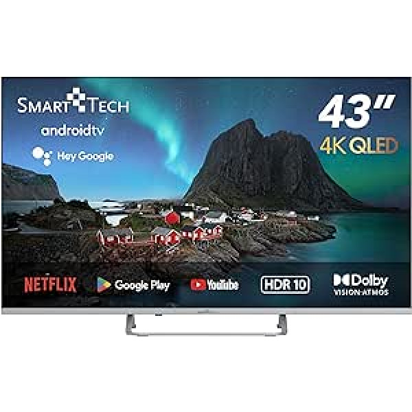 Smart Tech 4K UHD 43 collu (109 cm) Quantum-Dot Android 11.0 Smart TV 43QA20V3, četrkodolu, 2G/8G, DVB-T2/C/S2, WiFi 2T2R, HbbTV, HDR10 H.265, 4 x HDMI, 2 x 2 USB