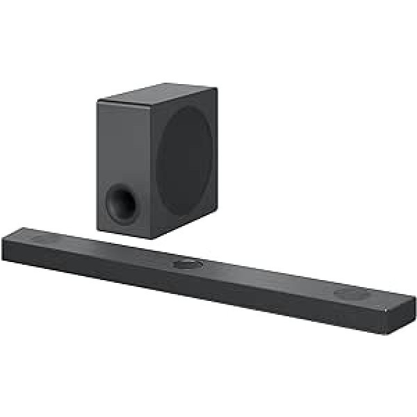 LG DS90QY 5.1.3 Soundbar (570 W) ar bezvadu zemfrekvences skaļruni un Meridian tehnoloģiju (Dolby Atmos, HDMI, Bluetooth), tumša tērauda sudraba krāsa