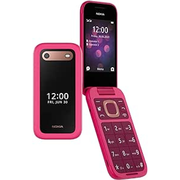 Nokia 2660 Flip funkciju tālrunis ar 2,8 collu displeju, 4G savienojumu, saderību ar dzirdes aparātiem (NAS), iebūvētu kameru, MP3 atskaņotāju, bezvadu FM radio un klasiskās spēles (divas SIM kartes) — rozā