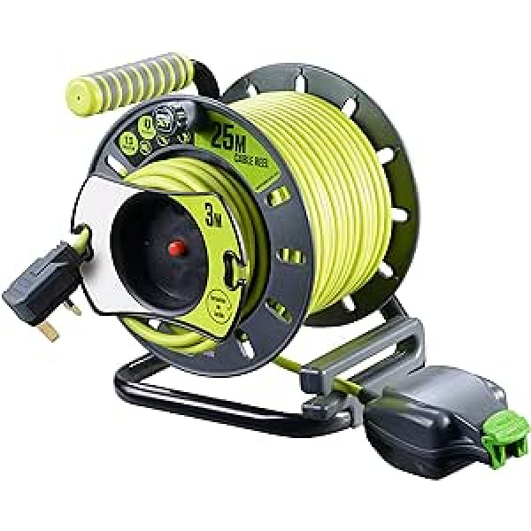 Masterplug OMU2513FL3IP-PX Pro-XT Kabeltrommel ar wetterfester Einzelbuchse in der Leitung, 25 m un 3 m rickwärtigem, gut sichtbarem Kabel, grün