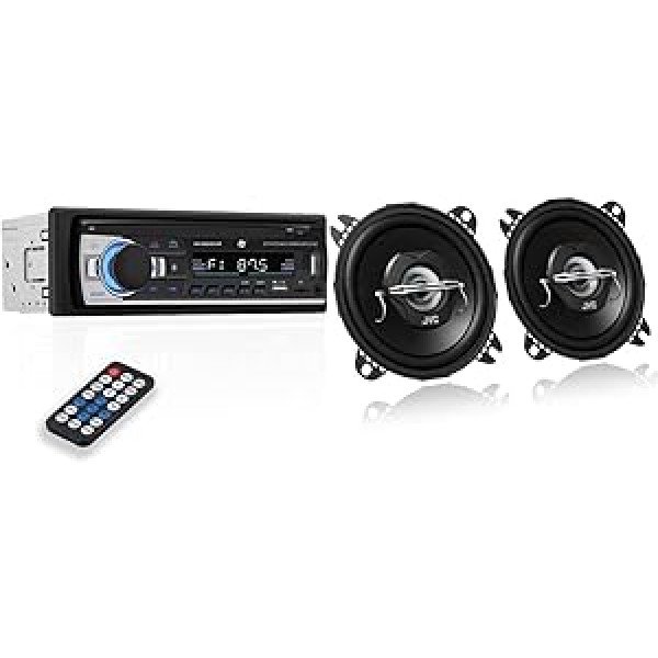 NK automašīnas radio ar Bluetooth 4.0-1 DIN — 4x40 W, AUX funkcija, MP3 atskaņotājs un dubultā USB pieslēgvieta, FM stereo skaņa un JVC CS-J420X 10 cm 2 virzienu koaksiālais skaļrunis, 2 iepakojumā