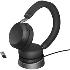 Jabra Evolve2 75 bezvadu datora austiņas ar uzlādes dokstaciju un 8 mikrofonu tehnoloģiju - dubultas putu stereoaustiņas ar uzlabotu aktīvo trokšņu slāpēšanu, USB-A Bluetooth adapteri un saderību ar MS — melns