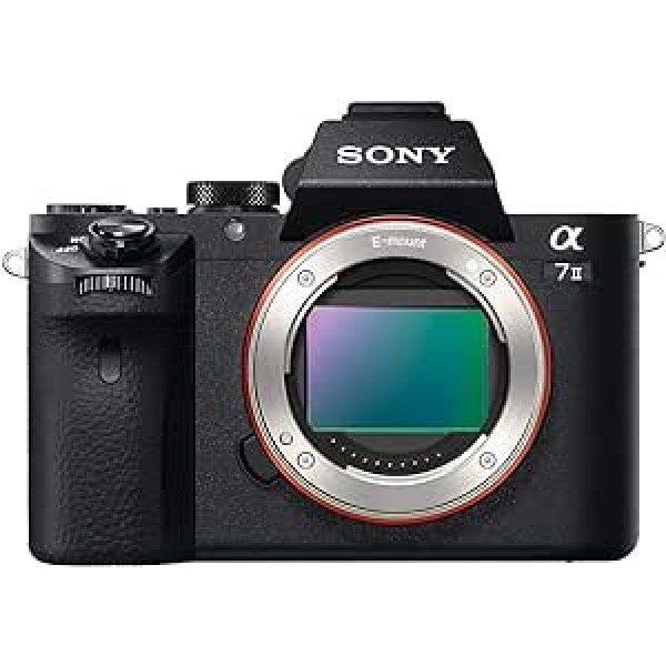 Sony Alpha 7 II pilna kadra bezspoguļa kamera, 24,3 megapikseļi, ātrs hibrīda autofokuss, optiskā 5 asu attēla stabilizācija korpusā, AXAVC S formāta ierakstīšana.