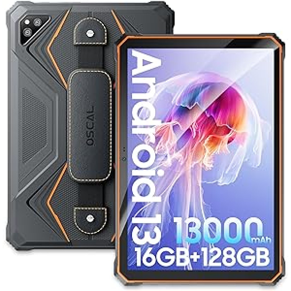 OSCAL āra planšetdators 10 collu Spider8, 16 GB + 128 GB Android 13 planšetdators, 13 000 mAh/33 W ātrā uzlāde, astoņkodolu, 2K FHD IP68 un IP69K ūdensizturīgs planšetdators, 16 MP + 13 MP, GPS BT 5GOT, 4GOT, dubultā SIM karte.