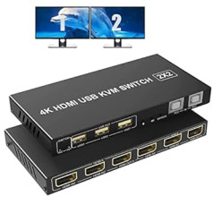 Divu monitoru HDMI KVM slēdzis, 2 datori 2 monitoru slēdzis 4K @ 60 Hz, paplašinātais displejs HDMI KVM slēdzis Dual Monitor 2 in 2 Out ar USB un audio portu, 2 porti HDMI KVM slēdzis ar kontrolieri, 2 x B tips